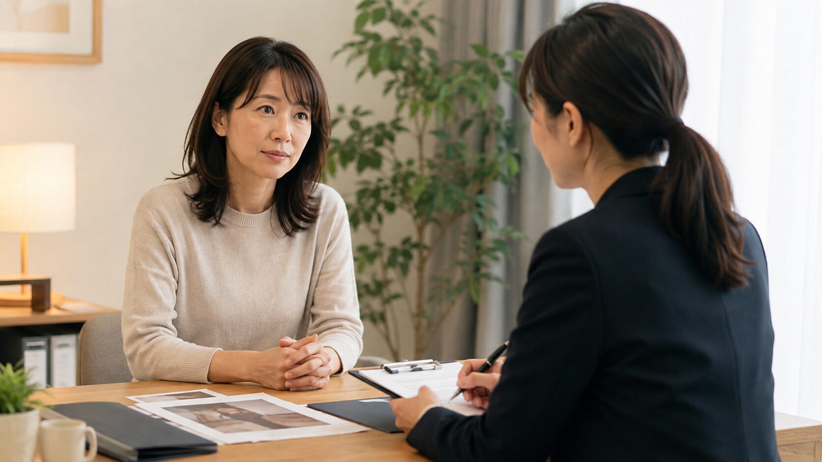 浮気調査について専門担当者へ落ち着いて相談する女性