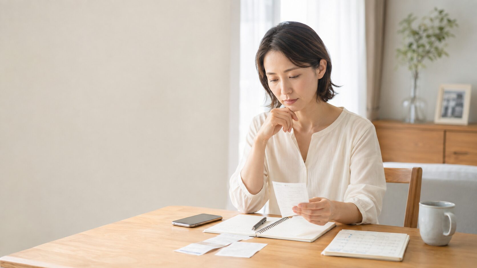スマートフォンや領収書、ノートを見ながら出来事を整理する女性